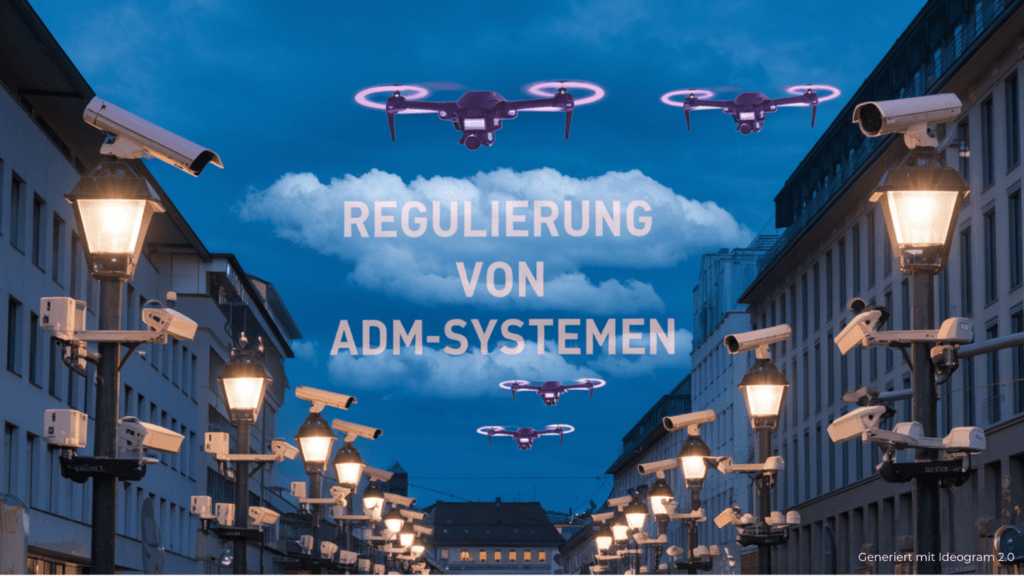 A photo of a Swiss city with massive surveillance. There are multiple cameras and drones in the sky. On the clouds, the words "regulierung von ADM-Systemen" are written in large letters. The sky is dark blue, and the drones are purple.